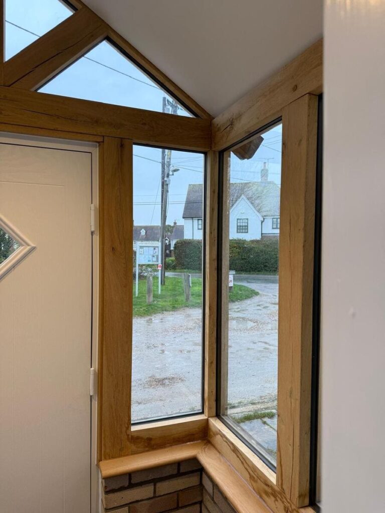 An image of the oak frame and glazing from inside the porch